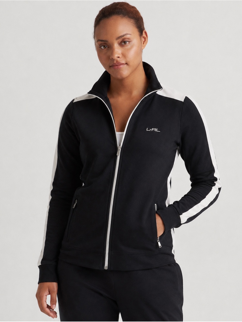 Lauren Ralph Lauren Active Full Zip Track Jacket Black White Stripe Women Size L